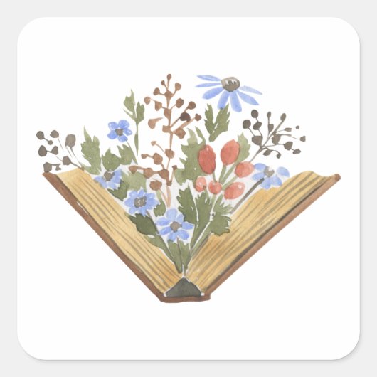 Bloemen die uit een boek groeien  vierkante sticker (Voorkant)