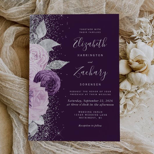 Bloemen Diep Paarse Zilveren Glitter Bruiloft Kaart