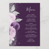 Bloemen Diep Paarse Zilveren Glitter Bruiloft Menu (Voorkant)