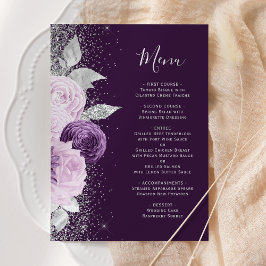 Bloemen Diep Paarse Zilveren Glitter Bruiloft Menu