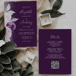 Bloemen Diep Paarse Zilveren Glitter QR Code Weddi Kaart