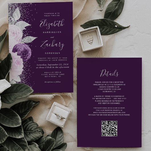 Bloemen Diep Paarse Zilveren Glitter QR Code Weddi Kaart