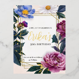 Bloemen Diepe Kleur Verjaardag Gouden Folie Uitnod Feestdagen Briefkaart