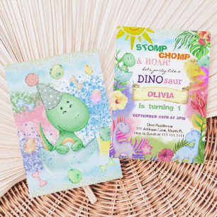 Bloemen Dinosaurus Tropisch Meisje 1E Verjaardag Kaart