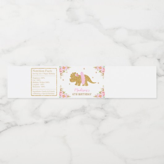 Bloemen Dinosaurus Verjaardag Roze Tutu Triceratop Waterfles Etiket (Enkel label)