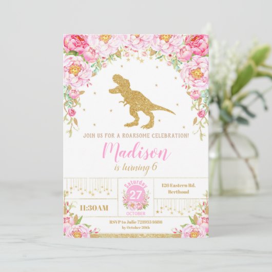 Bloemen Dinosaurus Verjaardag Uitnodiging Meisje T (Staand voorkant)