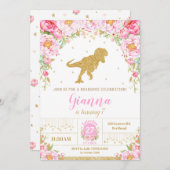 Bloemen Dinosaurus Verjaardag Uitnodiging Meisje T (Voorkant / Achterkant)