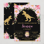 Bloemen Dinosaurus Verjaardag Uitnodiging Meisje T (Voorkant / Achterkant)