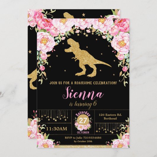 Bloemen Dinosaurus Verjaardag Uitnodiging Meisje T (Voorkant / Achterkant)