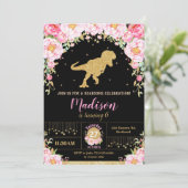 Bloemen Dinosaurus Verjaardag Uitnodiging Meisje T (Staand voorkant)