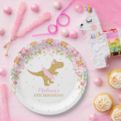 Bloemen Dinosaurus Verjaardagsfeest Roze Tutu T-Re Papieren Bordje (Feest)