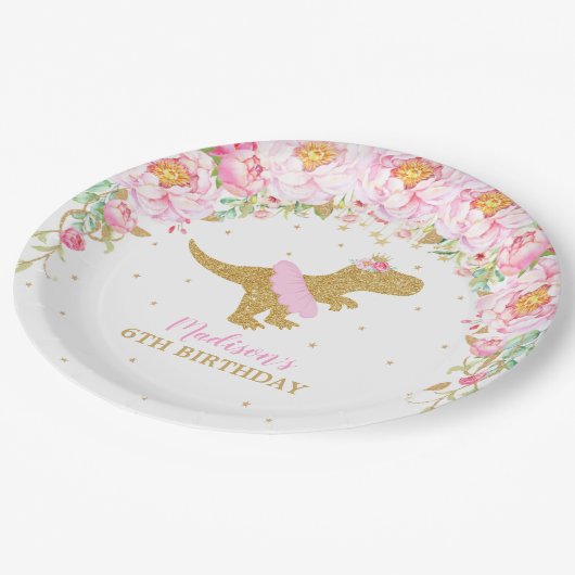 Bloemen Dinosaurus Verjaardagsfeest Roze Tutu T-Re Papieren Bordje (Gekanteld)