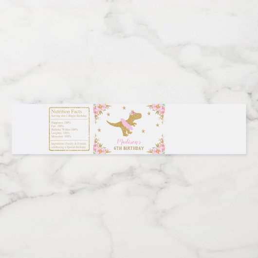 Bloemen Dinosaurus Verjaardagsfeest Roze Tutu T-Re Waterfles Etiket (Enkel label)