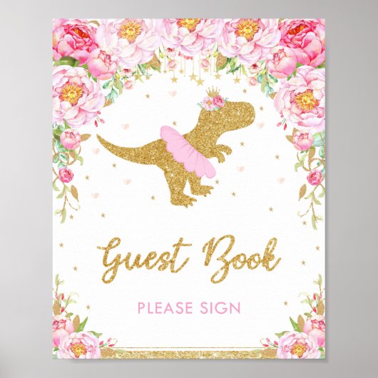 Bloemen Dinosaurus Verjaardagsfeest T-Rex Gastboek Poster (Voorkant)