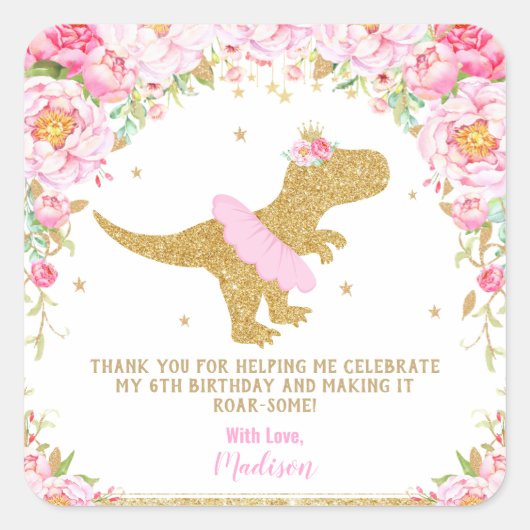 Bloemen Dinosaurus Verjaardagsfeestje Roze en Goud Vierkante Sticker (Voorkant)