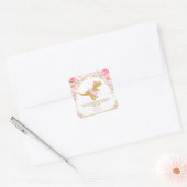 Bloemen Dinosaurus Verjaardagsfeestje Roze en Goud Vierkante Sticker (Envelop)
