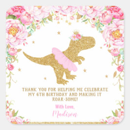 Bloemen Dinosaurus Verjaardagsfeestje Roze en Goud Vierkante Sticker
