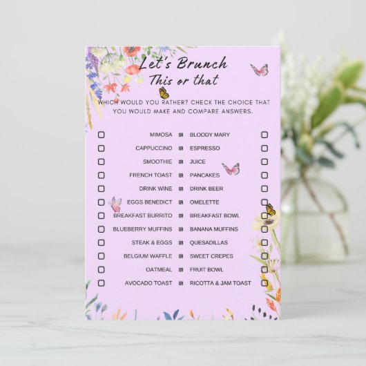 Bloemen dit of dat brunch party spel kaart (Staand voorkant)