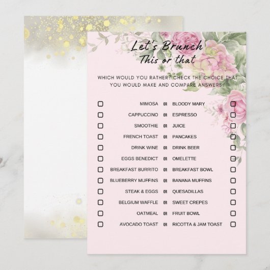Bloemen dit of dat brunch party spel kaart (Voorkant / Achterkant)