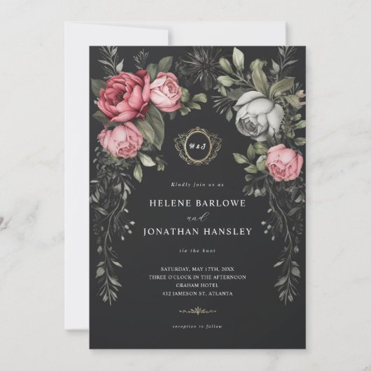 Bloemen Donker Moody Monogram Bruiloft Kaart (Voorkant)