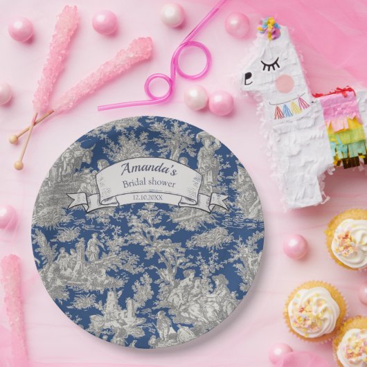  Bloemen Donkerblauw Toile de Jouy Douche Papieren Bordje (Feest)