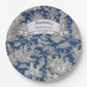  Bloemen Donkerblauw Toile de Jouy Douche Papieren Bordje (Voorkant)