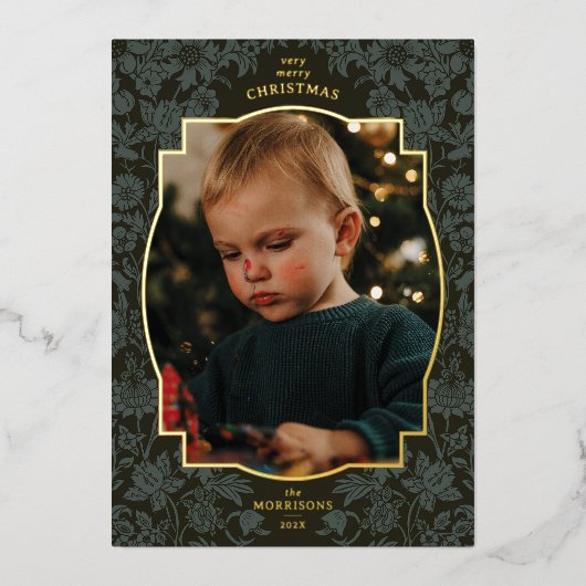  Bloemen Donkergroene Kerstfoto Folie Feestdagenkaart (Voorkant)