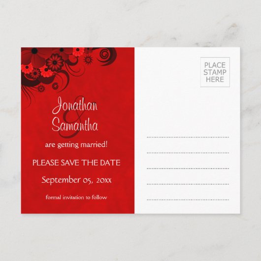 Bloemen Donkerrood Gothic Save The Date Briefkaart (Achterkant)