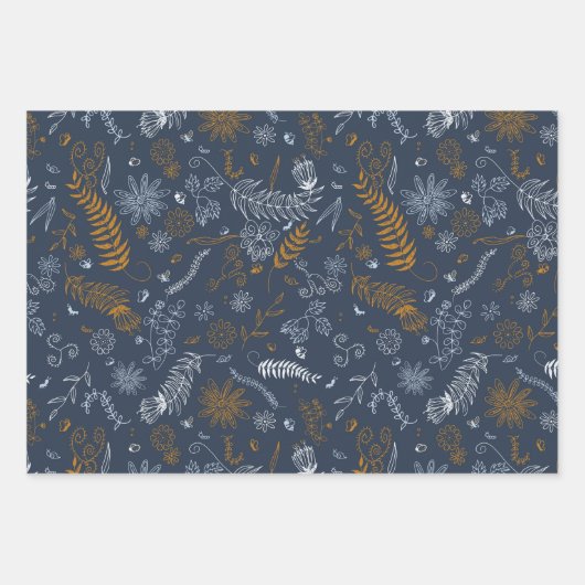 Bloemen doodles in blauw inpakpapier vel (Voorkant 3)