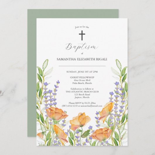 Bloemen Doop Uitnodigingen Waterverf Wildbloemen (Voorkant / Achterkant)