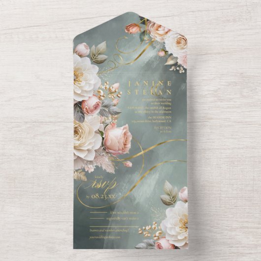 Bloemen Drama Bruiloft Groen ID1022 All In One Uitnodiging (Binnen)