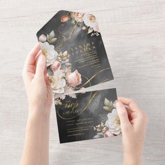 Bloemen Drama Bruiloft Houtskool ID1022 All In One Uitnodiging (Afscheurbaar)