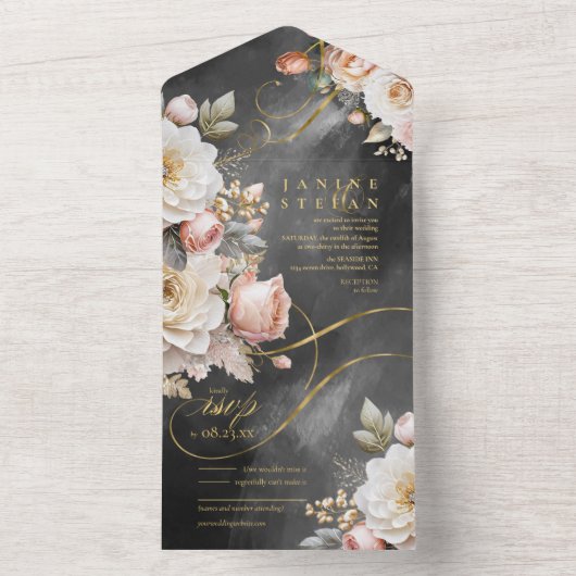 Bloemen Drama Bruiloft Houtskool ID1022 All In One Uitnodiging (Binnen)