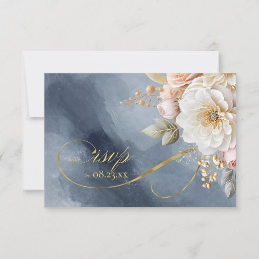 Bloemen Drama Bruiloft QR Code Blauw ID1022 RSVP Kaartje (Voorkant)