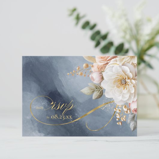 Bloemen Drama Bruiloft QR Code Blauw ID1022 RSVP Kaartje (Staand voorkant)