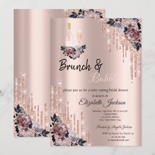Bloemen, Drips Brunch & Bubbly Bruidsfeest Kaart (Voorkant / Achterkant)