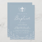 Bloemen Dusty Blue Cross minimalistische doop Kaart (Voorkant / Achterkant)