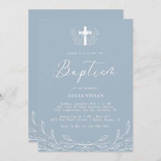 Bloemen Dusty Blue Cross minimalistische doop Kaart (Voorkant / Achterkant)