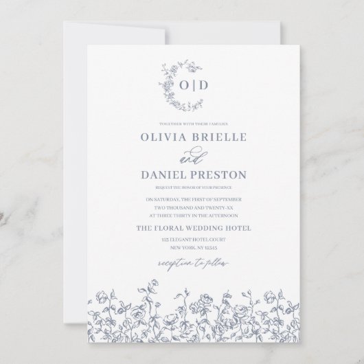 Bloemen  Dusty Blue Monogram Wedding Kaart (Voorkant)