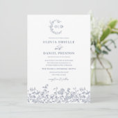 Bloemen  Dusty Blue Monogram Wedding Kaart (Staand voorkant)