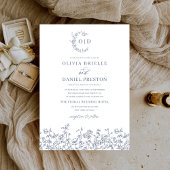 Bloemen  Dusty Blue Monogram Wedding Kaart