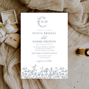 Bloemen  Dusty Blue Monogram Wedding Kaart