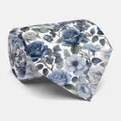 Bloemen Dusty Blue Navy Rozen Waterverf Stropdas (Opgerold)
