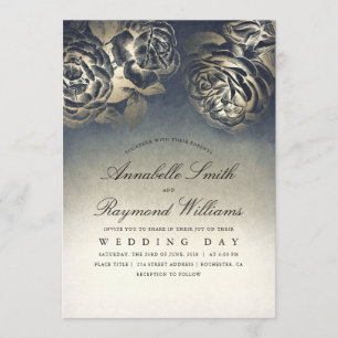 Bloemen  Eclectisch Blauw en Gouden Bruiloft Kaart