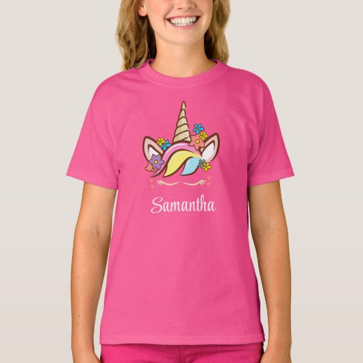 Bloemen Eenhoorn Kleurrijk Gepersonaliseerd T-shirt (Voorkant)