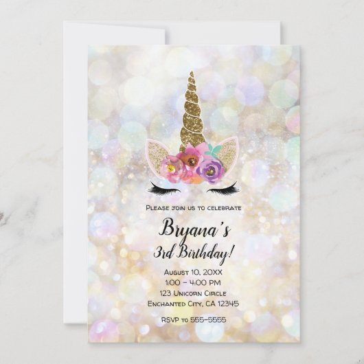 Bloemen Eenhoorn Kosmische Glitter Verjaardagsfees Kaart (Voorkant)