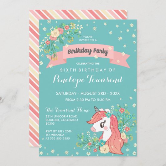 Bloemen Eenhoorn Turquoise verjaardagsfeestje Kaart (Voorkant / Achterkant)