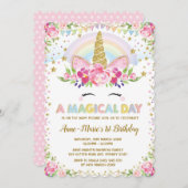 Bloemen Eenhoorn Verjaardag Roze Goud Party Uitnod Kaart (Voorkant / Achterkant)