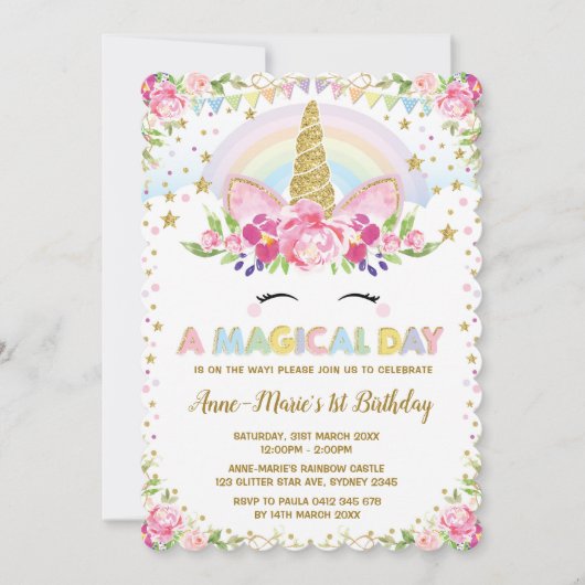 Bloemen Eenhoorn Verjaardag Roze Goud Party Uitnod Kaart (Voorkant)