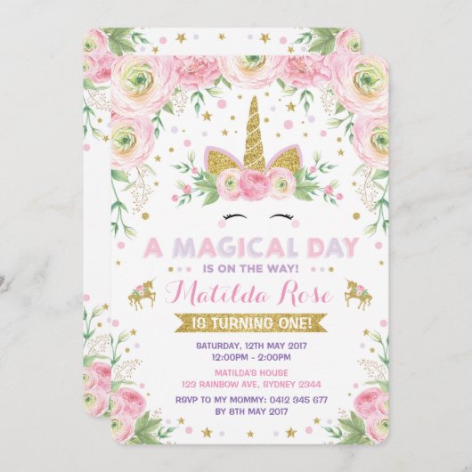 Bloemen Eenhoorn Verjaardag Uitnodiging Roze Goud (Voorkant / Achterkant)
